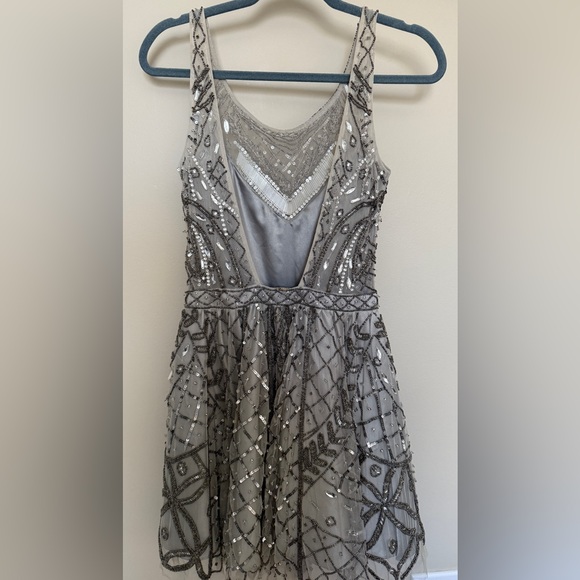 Lotus Threads Gray Beaded Dress – Size 2 – Open Back & Layered Skirt - Picture 2 of 12